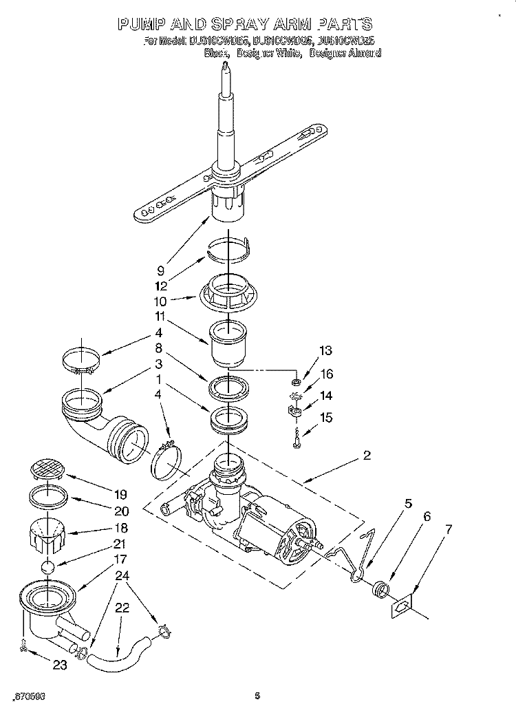 PUMP AND SPRAYARM Diagram and Parts List for DU810CWDB5  Whirlpool Dishwasher