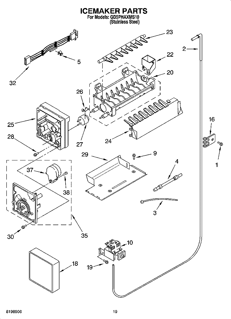 ICEMAKER PARTS Diagram and Parts List for GD5PHAXMS10  Whirlpool Refrigerator