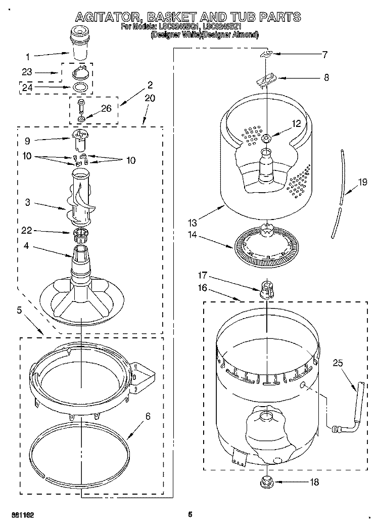AGITATOR, BASKET AND TUB Diagram and Parts List for LSC9245BZ1  Whirlpool Washer