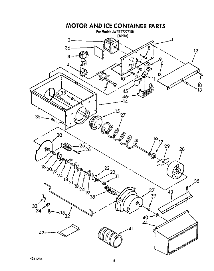 MOTOR AND ICE CONTAINER Diagram and Parts List for JWRZ2727FI00  Whirlpool Refrigerator