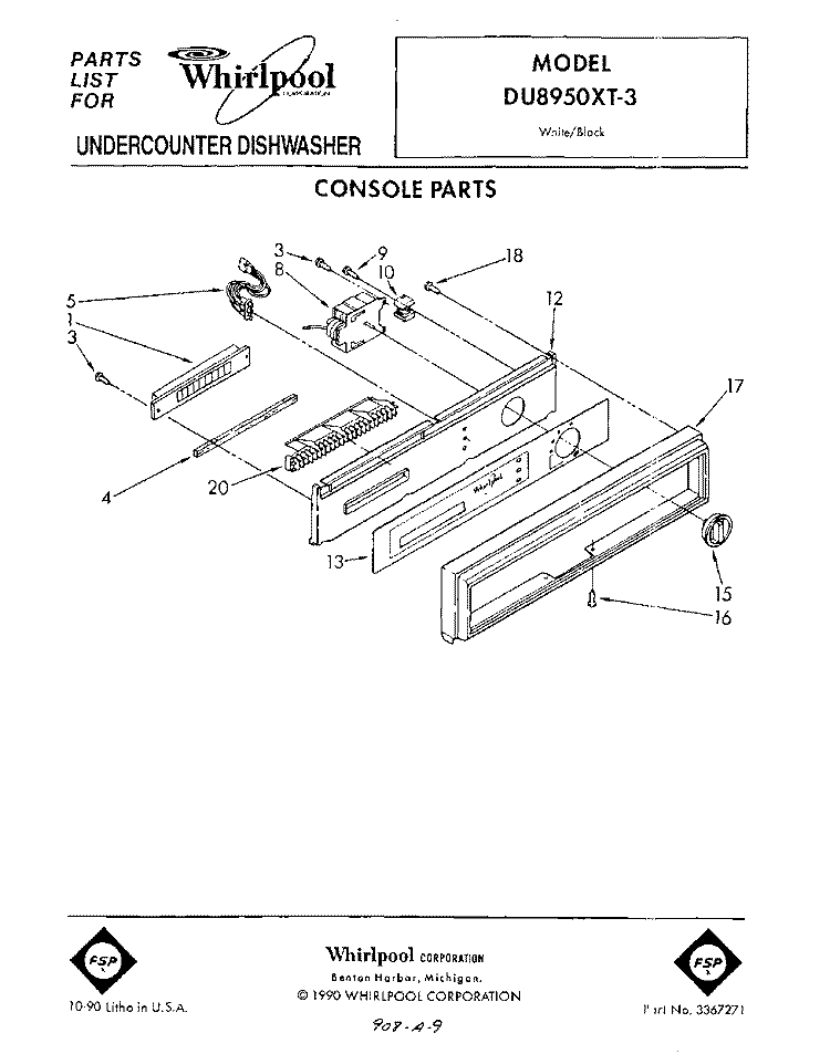 CONSOLE Diagram and Parts List for DU8950XT3  Whirlpool Dishwasher