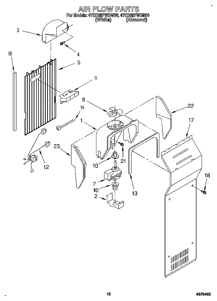 AIR FLOW Diagram and Parts List for 4YED25PWBW00  Whirlpool Refrigerator