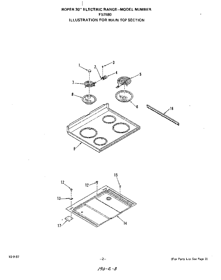 MAIN TOP Diagram and Parts List for F5258L0  Roper Range