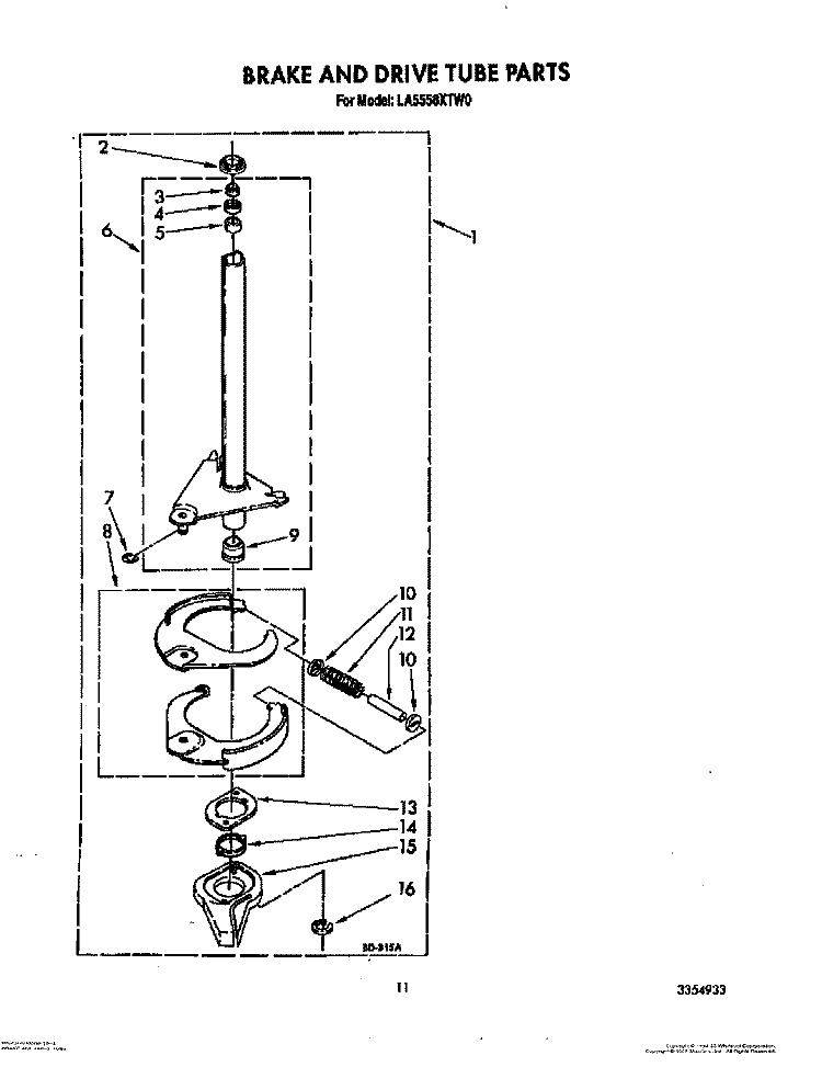 BRAKE AND DRIVE TUBE Diagram and Parts List for LA5558XTF0  Whirlpool Washer