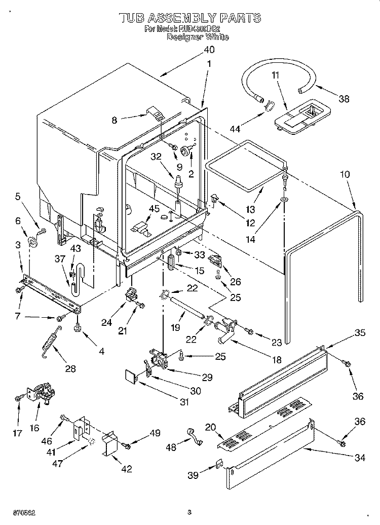 TUB ASSEMBLY Diagram and Parts List for RUD4300DQ2  Roper Dishwasher