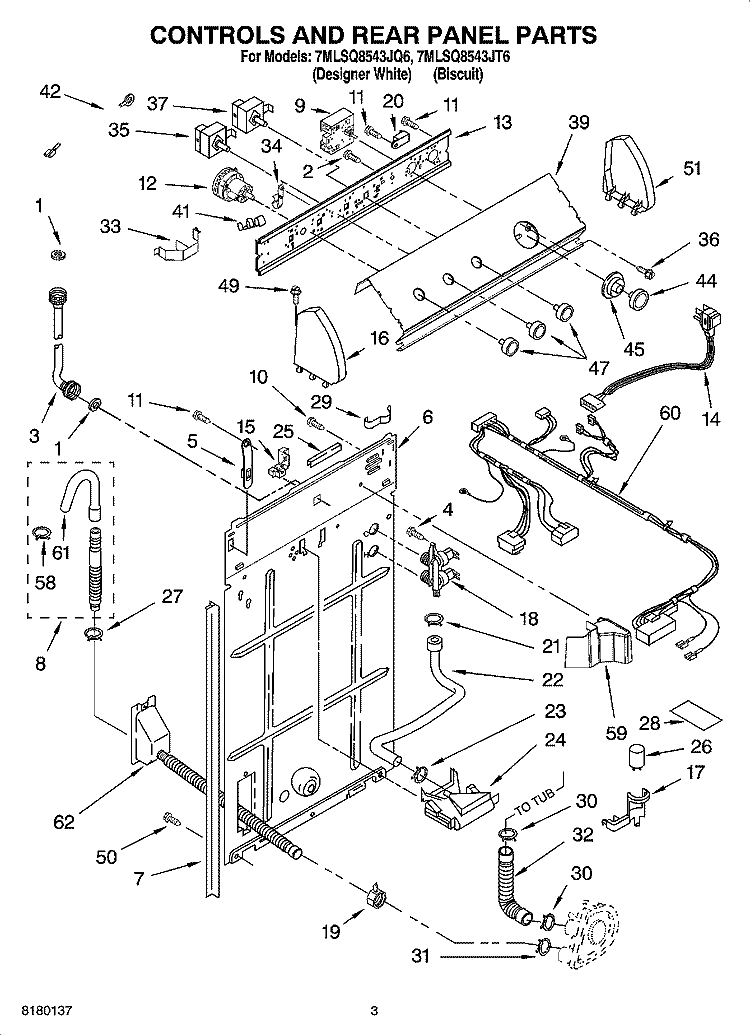 CONTROLS AND REAR PANEL PARTS Diagram and Parts List for 7MLSQ8543JT6  Whirlpool Washer