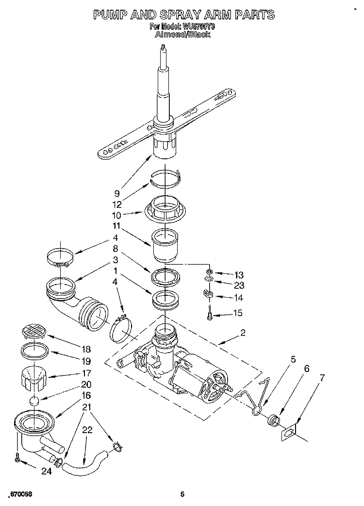 PUMP AND SPRAY ARM Diagram and Parts List for WU5750Y3  Roper Dishwasher