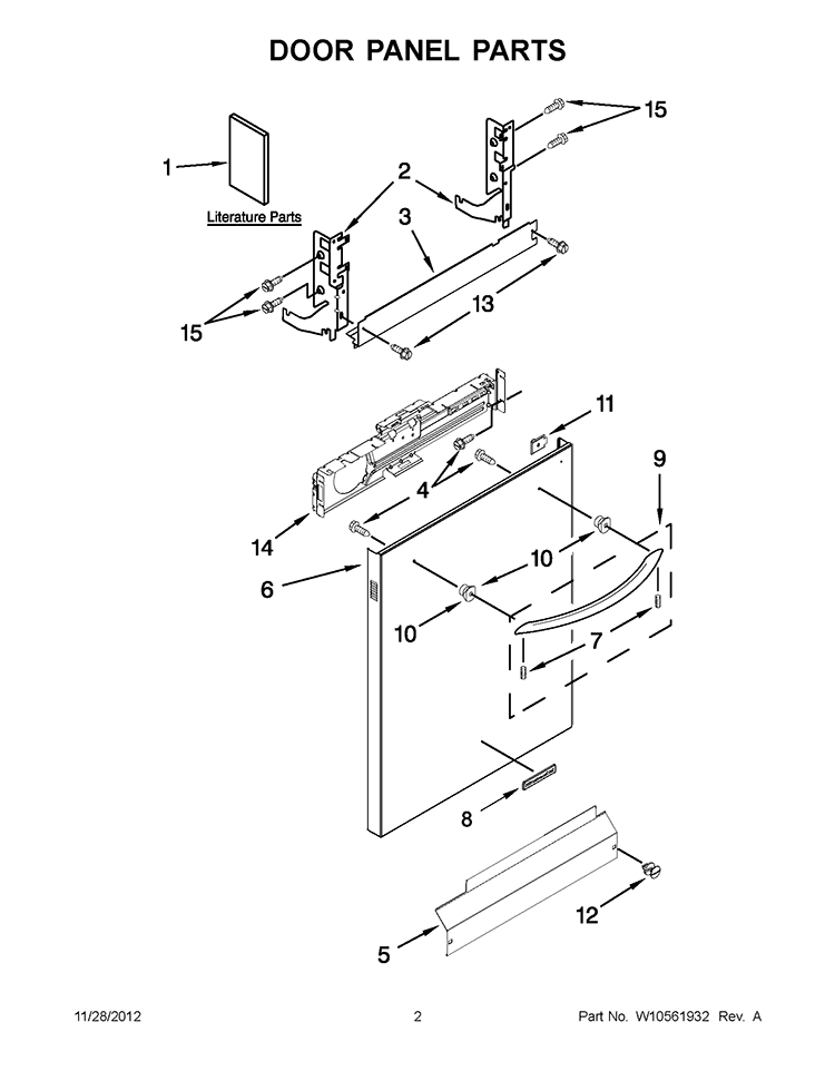 DOOR PANEL PARTS Diagram and Parts List for KUDL15FXWH6  KitchenAid Dishwasher