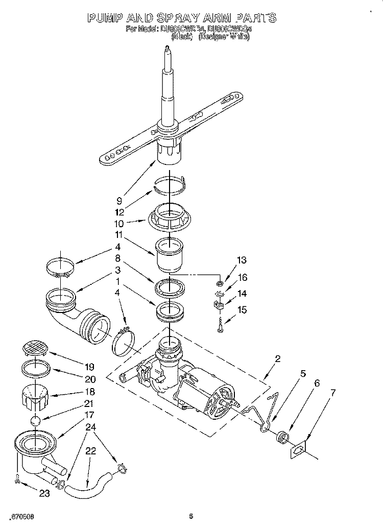 PUMP AND SPRAY ARM Diagram and Parts List for DU806CWDQ4  Whirlpool Dishwasher