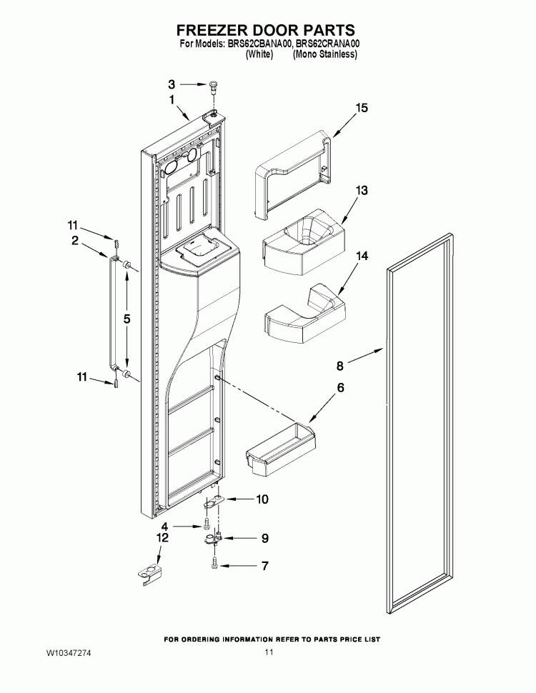FREEZER DOOR PARTS Diagram and Parts List for BRS62CRANA00  Whirlpool Refrigerator