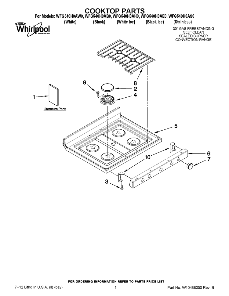 COOKTOP PARTS Diagram and Parts List for WFG540H0AE0  Whirlpool Range