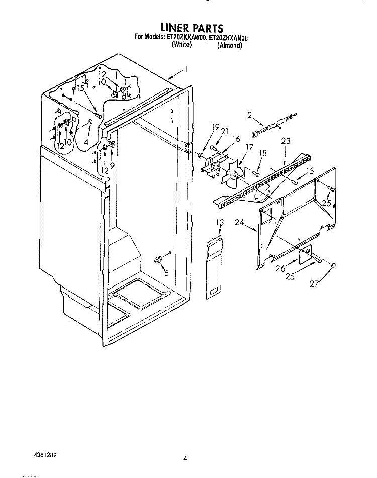 LINER Diagram and Parts List for ET20ZKXAN00  Whirlpool Refrigerator
