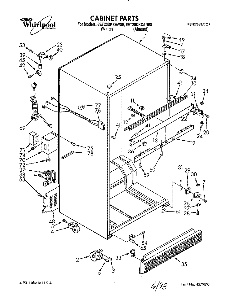 CABINET Diagram and Parts List for 6ET20DKXAW00  Whirlpool Refrigerator