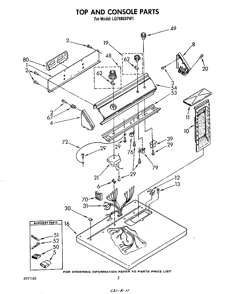 TOP AND CONSOLE , LITERATURE AND OPTIONAL Diagram and Parts List for LG7686XPW1  Whirlpool Dryer