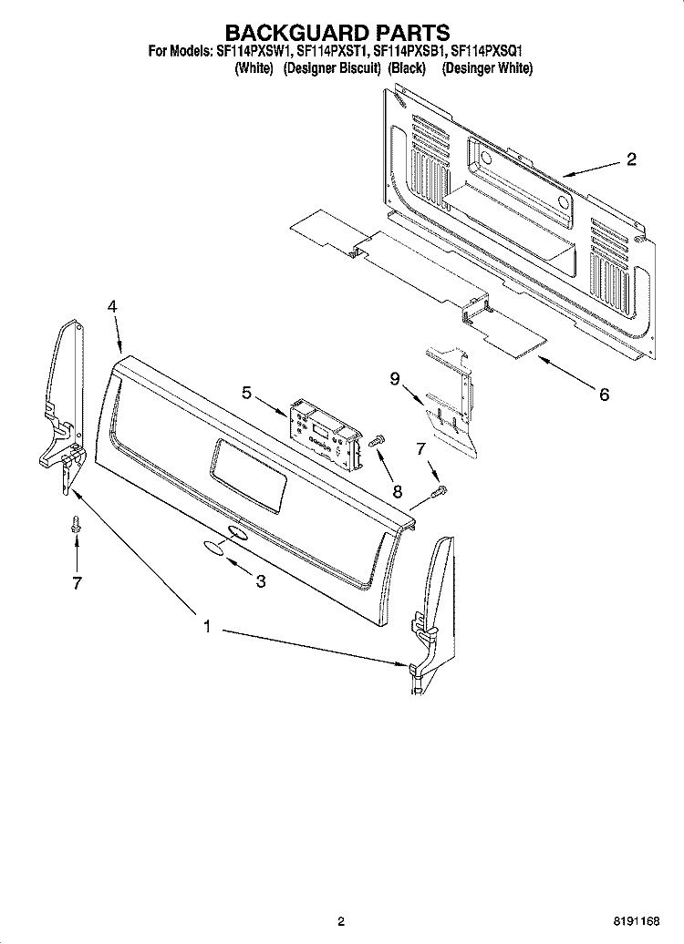 BACKGUARD PARTS Diagram and Parts List for SF114PXST1  Whirlpool Range