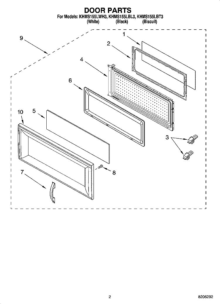 DOOR PARTS Diagram and Parts List for KHMS155LWH3  KitchenAid Microwave