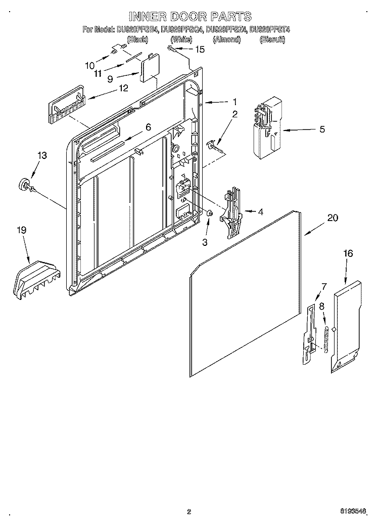 INNER DOOR Diagram and Parts List for DU920PFGT4  Whirlpool Dishwasher