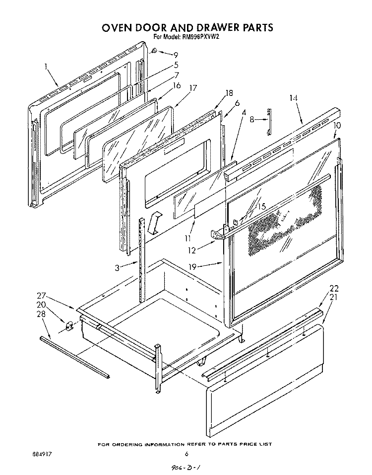 OVEN DOOR AND DRAWER Diagram and Parts List for RM996PXVW2  Whirlpool Microwave Oven Combo