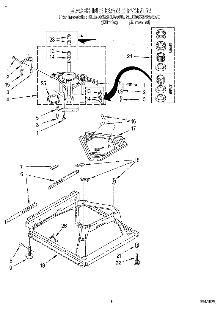 MACHINE BASE Diagram and Parts List for 3LSR5233AN0  Whirlpool Washer