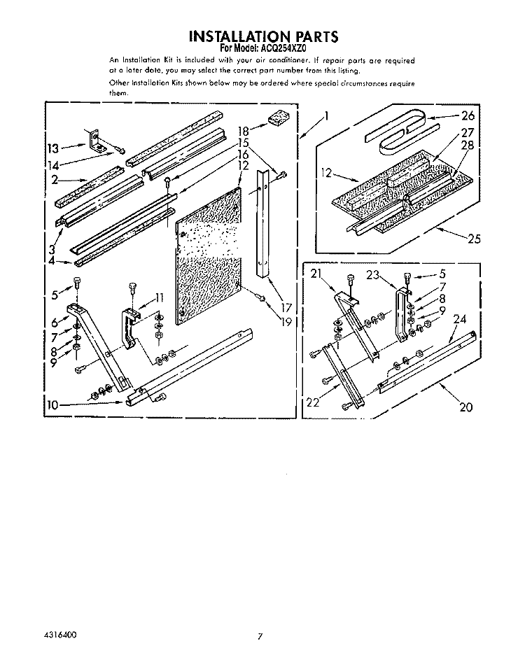 INSTALLATION PARTS, INSTALLATION Diagram and Parts List for ACQ254XZ0  Whirlpool Air Conditioner