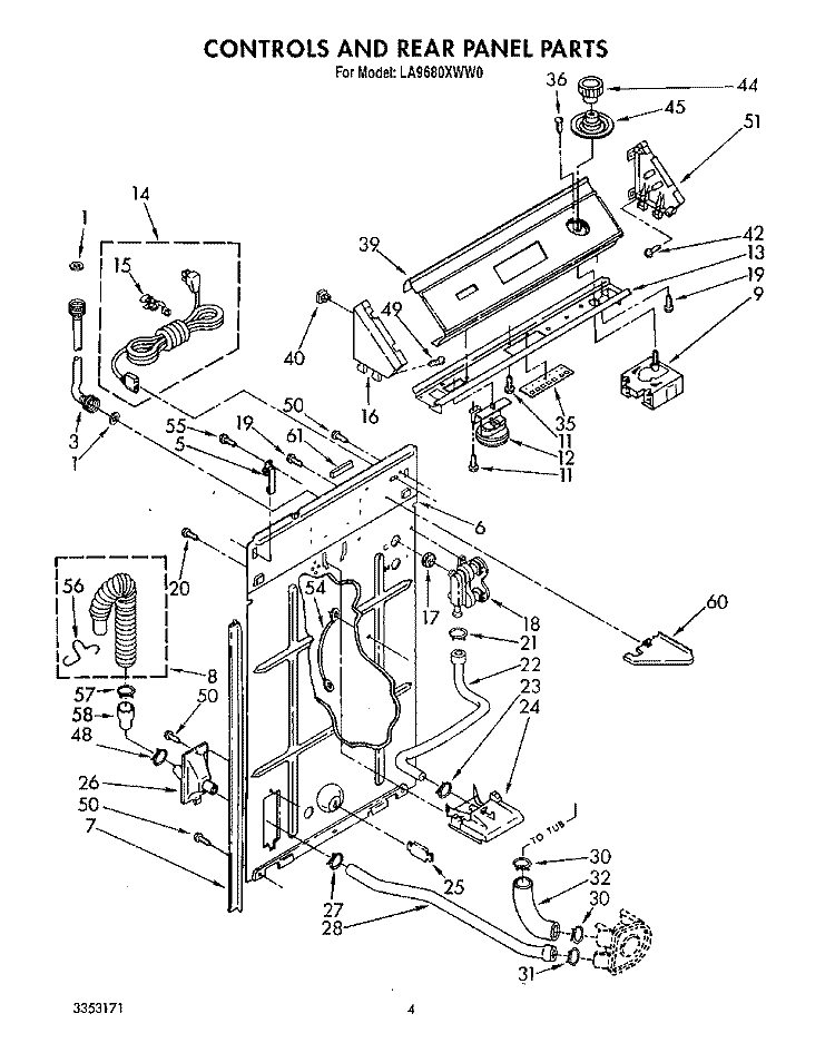 CONTROLS AND REAR PANEL Diagram and Parts List for LA9680XWN0  Whirlpool Washer