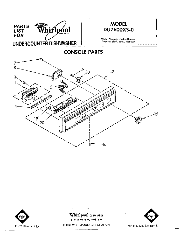 CONSOLE Diagram and Parts List for DU7600XS0  Whirlpool Dishwasher