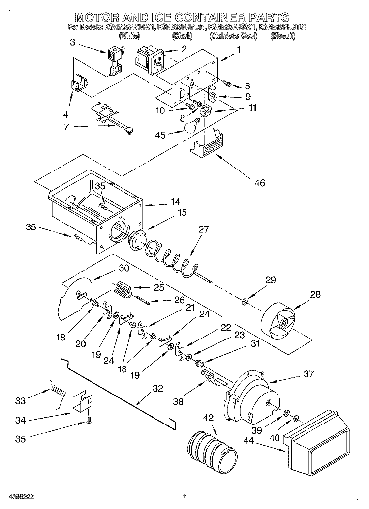 MOTOR AND ICE CONTAINER Diagram and Parts List for KSRB25FHBL01  KitchenAid Refrigerator