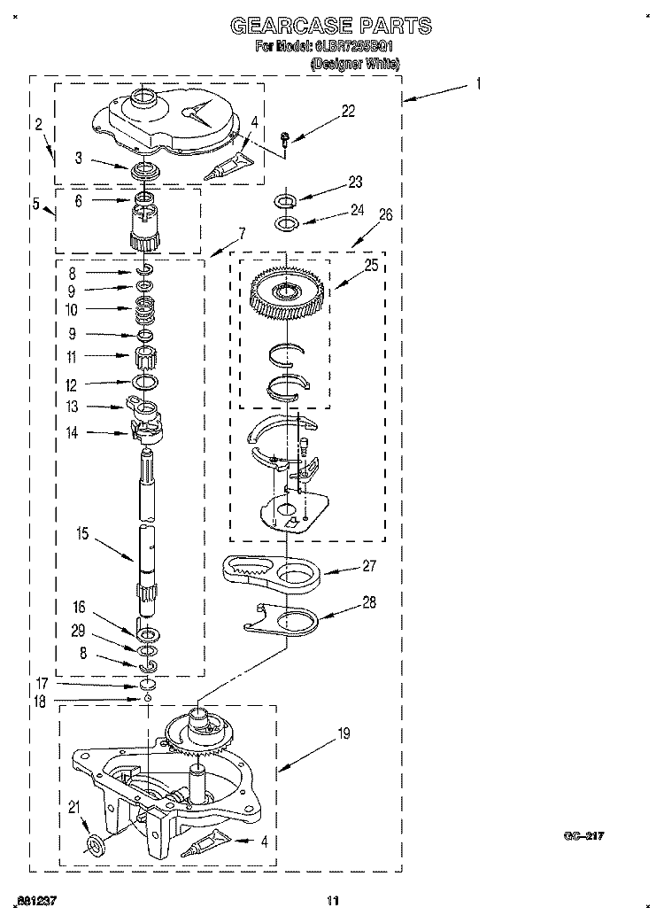 GEARCASE Diagram and Parts List for 6LBR7255BQ1  Whirlpool Washer