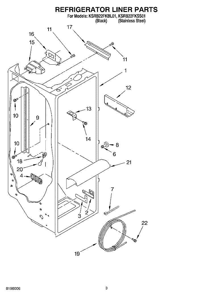 REFRIGERATOR LINER Diagram and Parts List for KSRB22FKBL01  KitchenAid Refrigerator