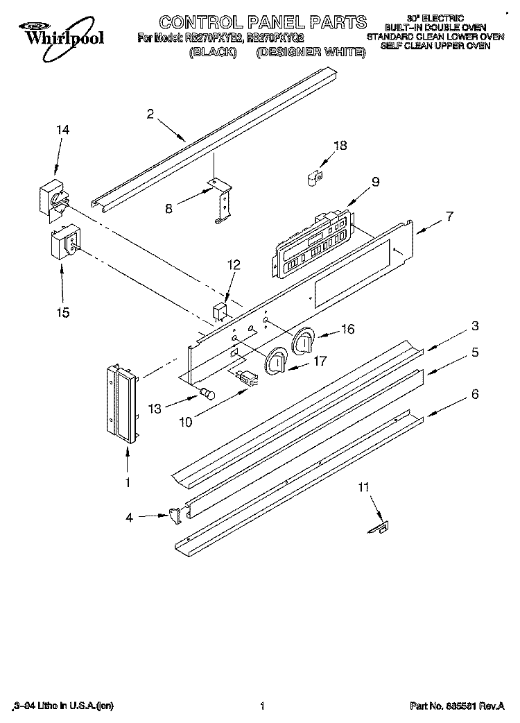 CONTROL PANEL, LITERATURE Diagram and Parts List for RB270PXYB2  Whirlpool Wall Oven