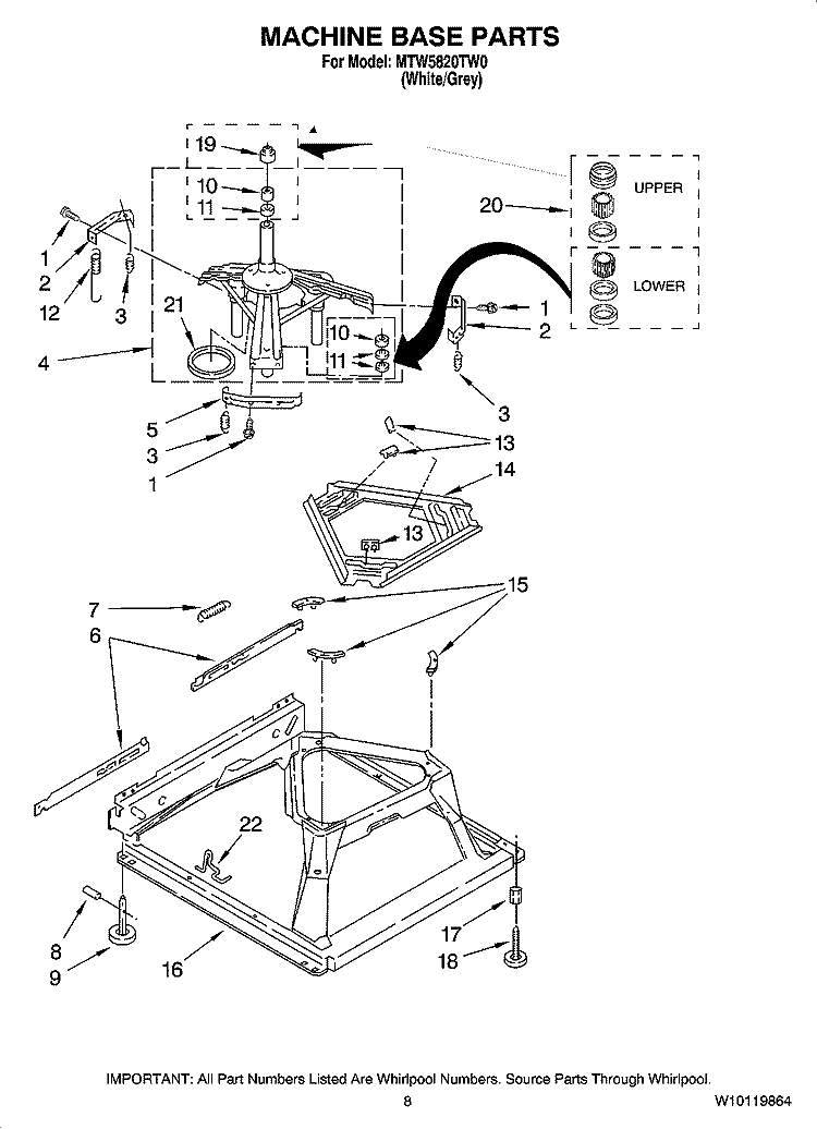 MACHINE BASE PARTS Diagram and Parts List for MTW5820TW0  Whirlpool Washer