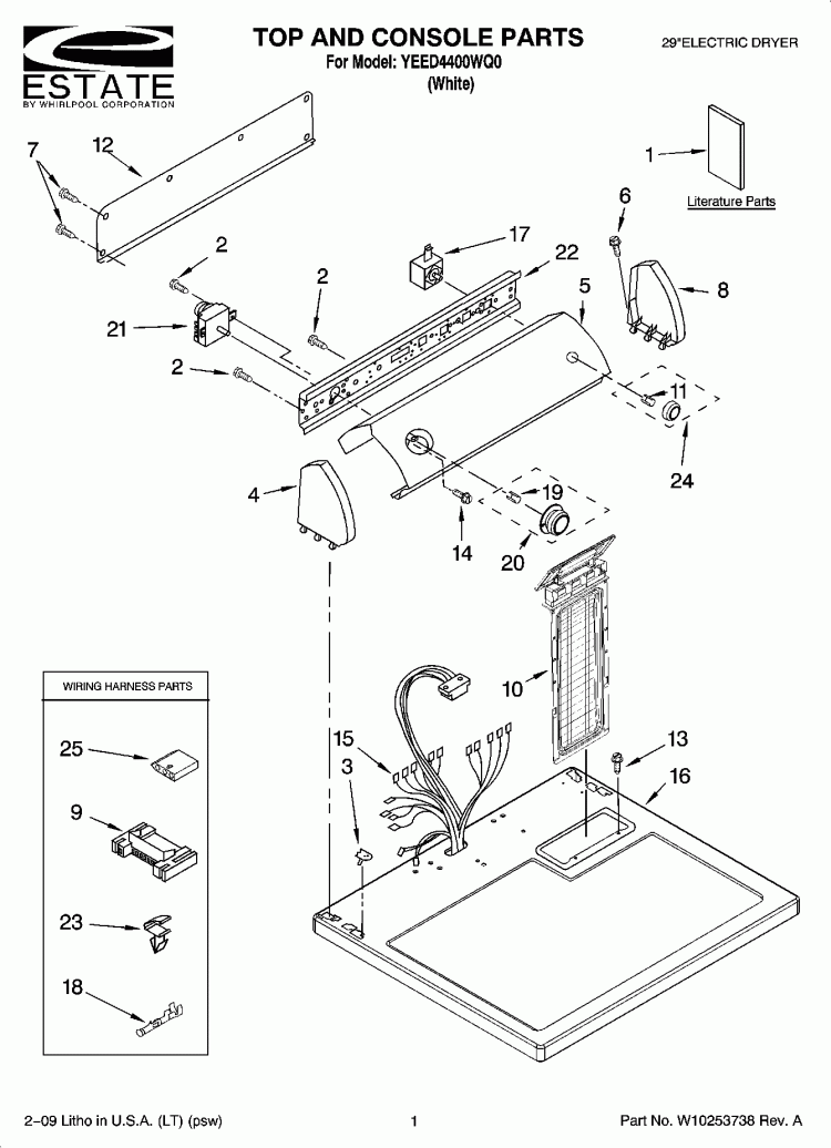 TOP AND CONSOLE PARTS Diagram and Parts List for YEED4400WQ0  Whirlpool Dryer