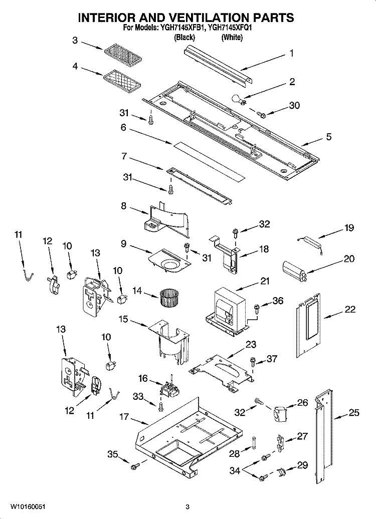 INTERIOR AND VENTILATION PARTS Diagram and Parts List for YGH7145XFB1  Whirlpool Microwave