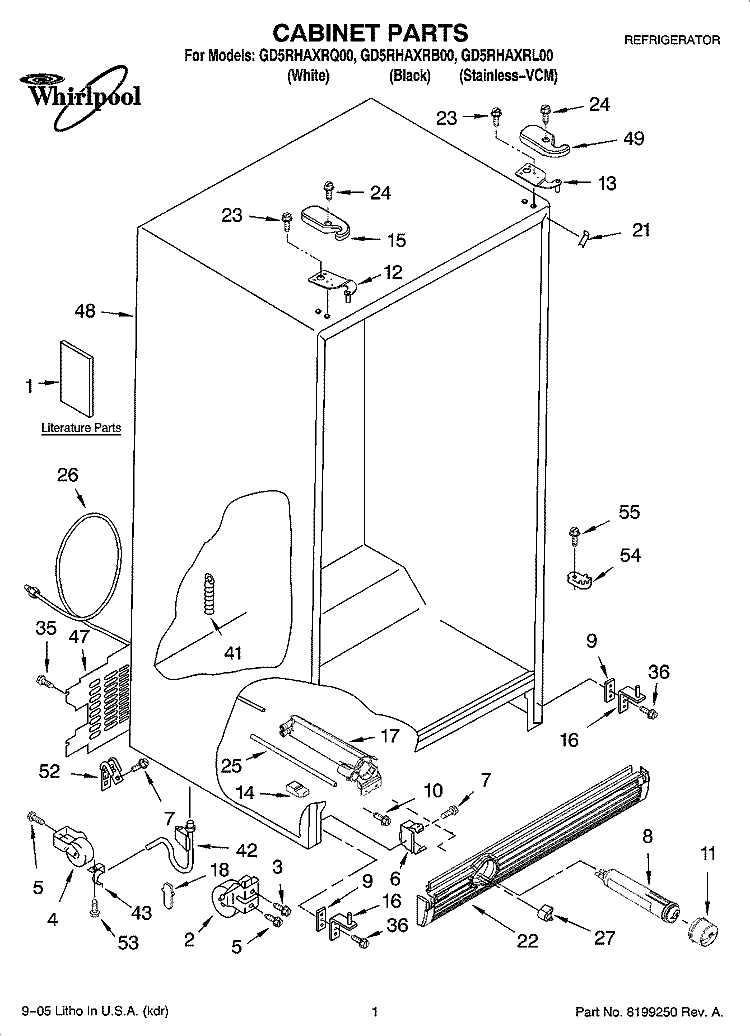 CABINET PARTS Diagram and Parts List for GD5RHAXRB00  Whirlpool Refrigerator