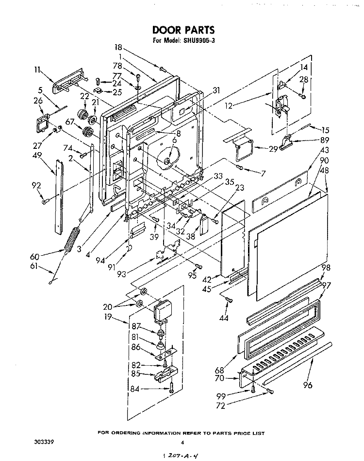 DOOR Diagram and Parts List for SHU99053  Whirlpool Dishwasher