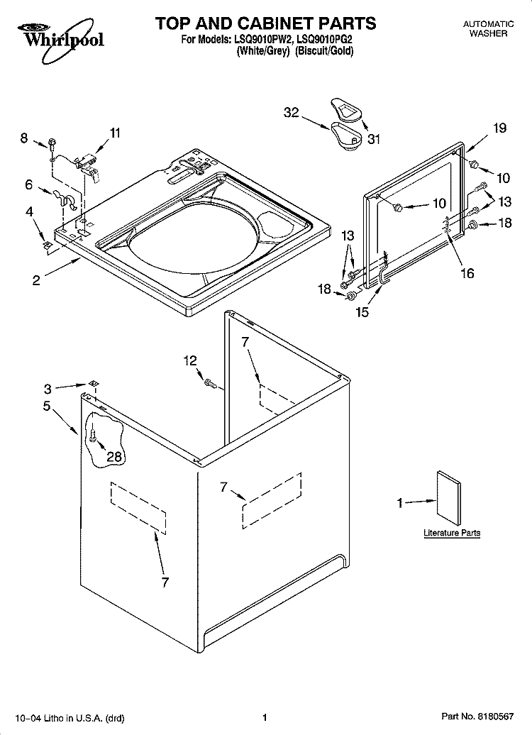 TOP AND CABINET PARTS Diagram and Parts List for LSQ9010PG2  Whirlpool Washer
