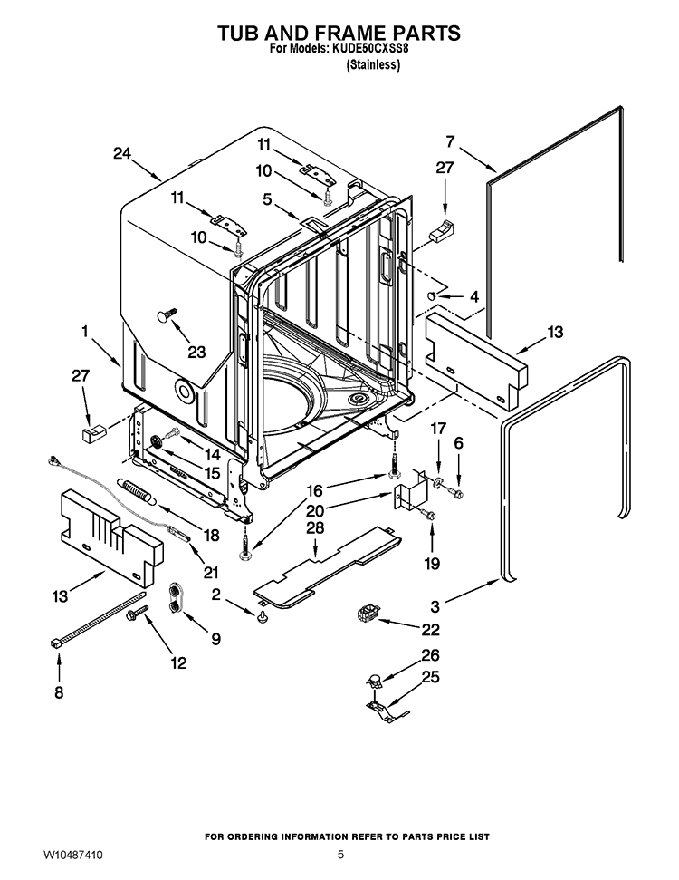 TUB AND FRAME PARTS Diagram and Parts List for KUDE50CXSS8  KitchenAid Dishwasher