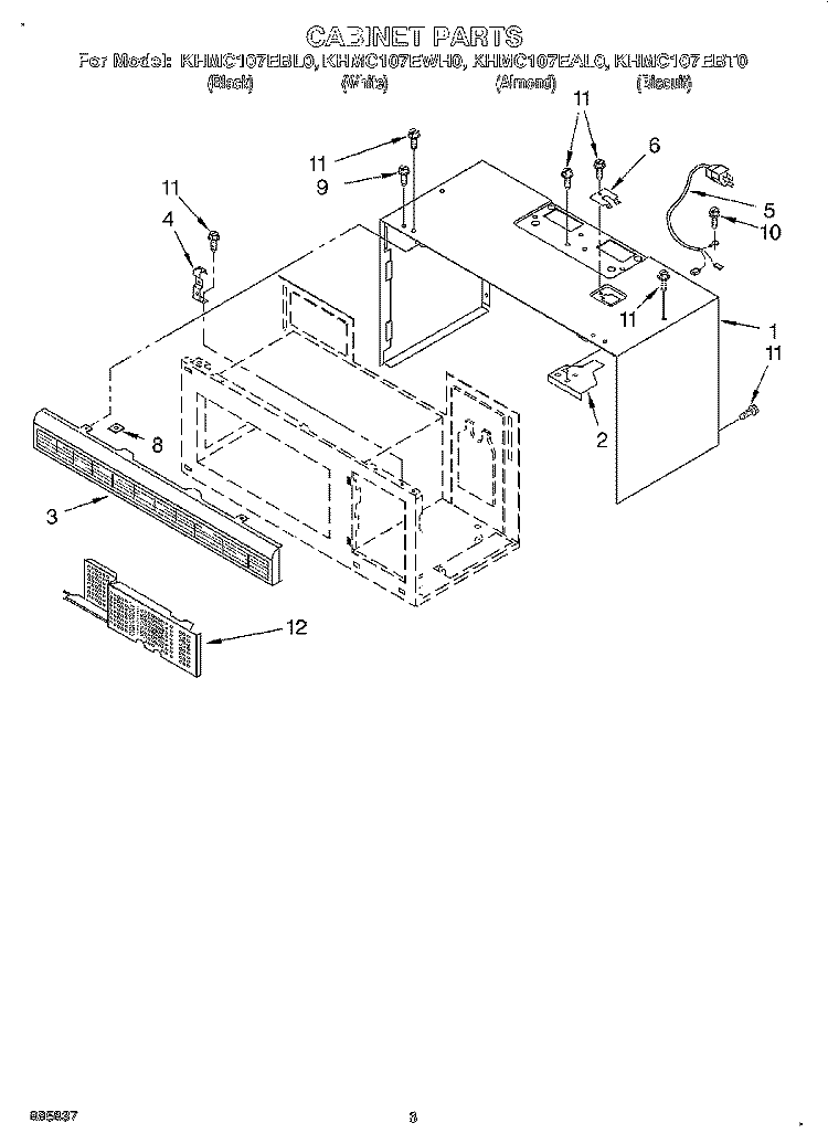 CABINET Diagram and Parts List for KHMC107EBT0  KitchenAid Microwave