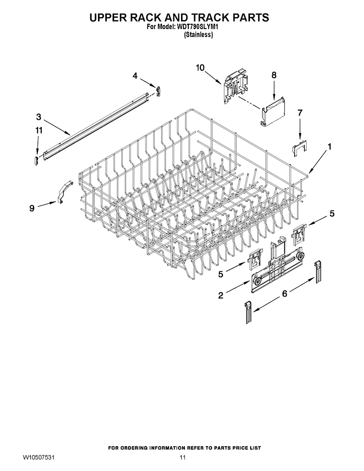 UPPER RACK AND TRACK PARTS Diagram and Parts List for WDT790SLYM1  Whirlpool Dishwasher