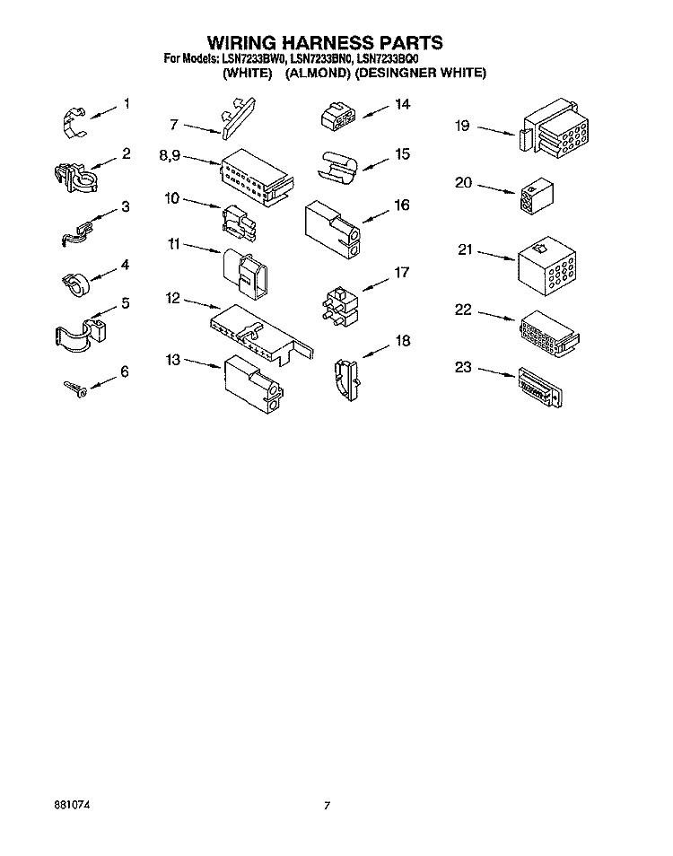 WIRING HARNESS Diagram and Parts List for LSN7233BN0  Whirlpool Washer