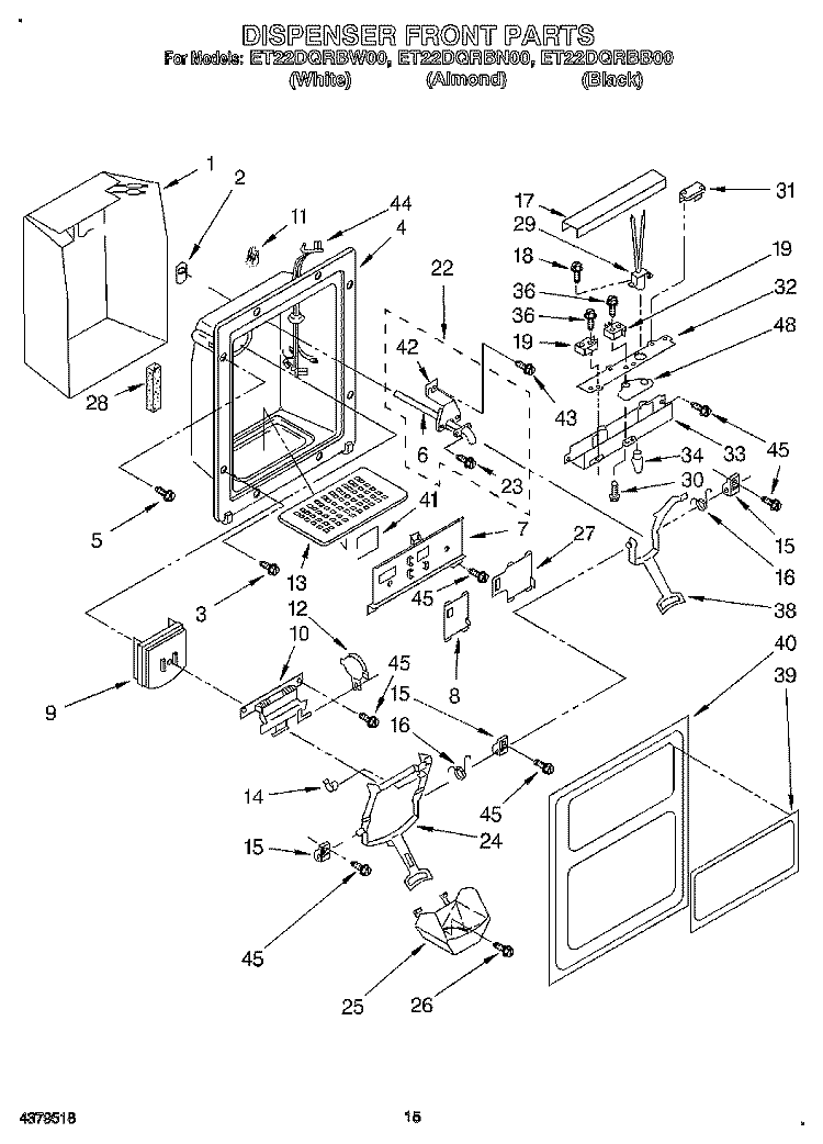 DISPENSER FRONT Diagram and Parts List for ET22DQRBW00  Whirlpool Refrigerator
