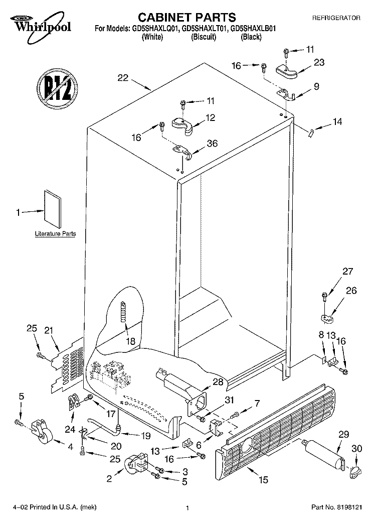 CABINET, LITERATURE Diagram and Parts List for GC5SHAXLQ01  Whirlpool Refrigerator
