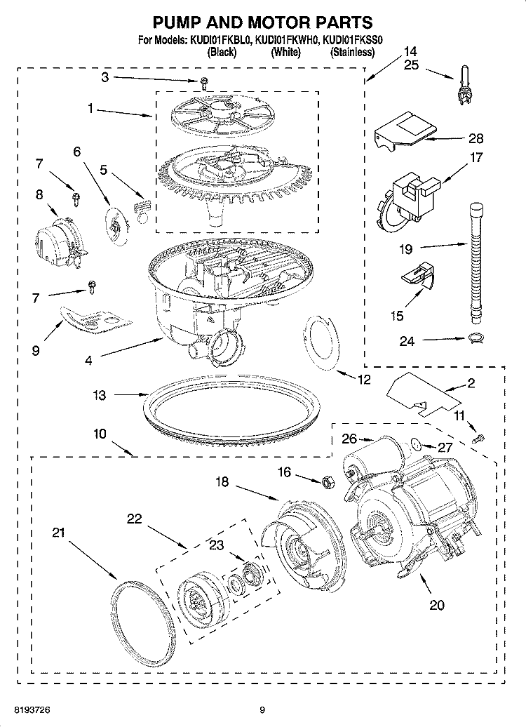 PUMP AND MOTOR PARTS Diagram and Parts List for KUDI01FKBL0  KitchenAid Dishwasher