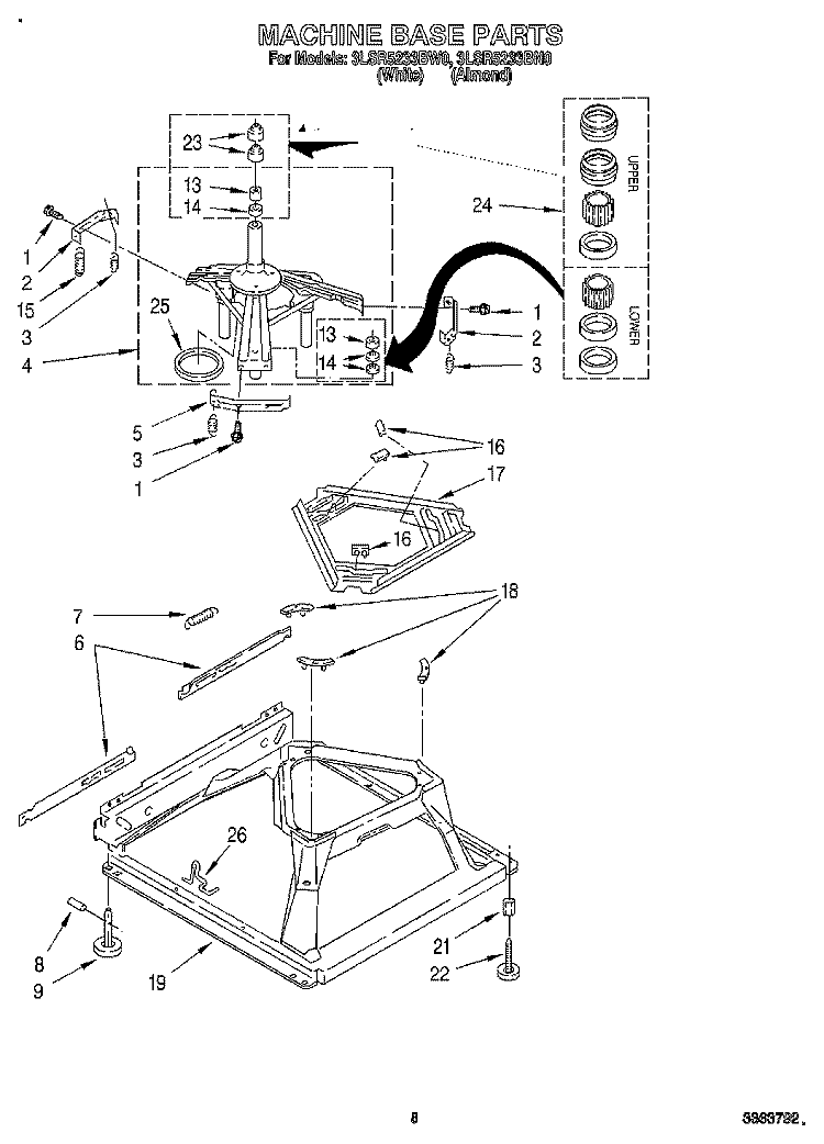 MACHINE BASE Diagram and Parts List for 3LSR5233BN0  Whirlpool Washer
