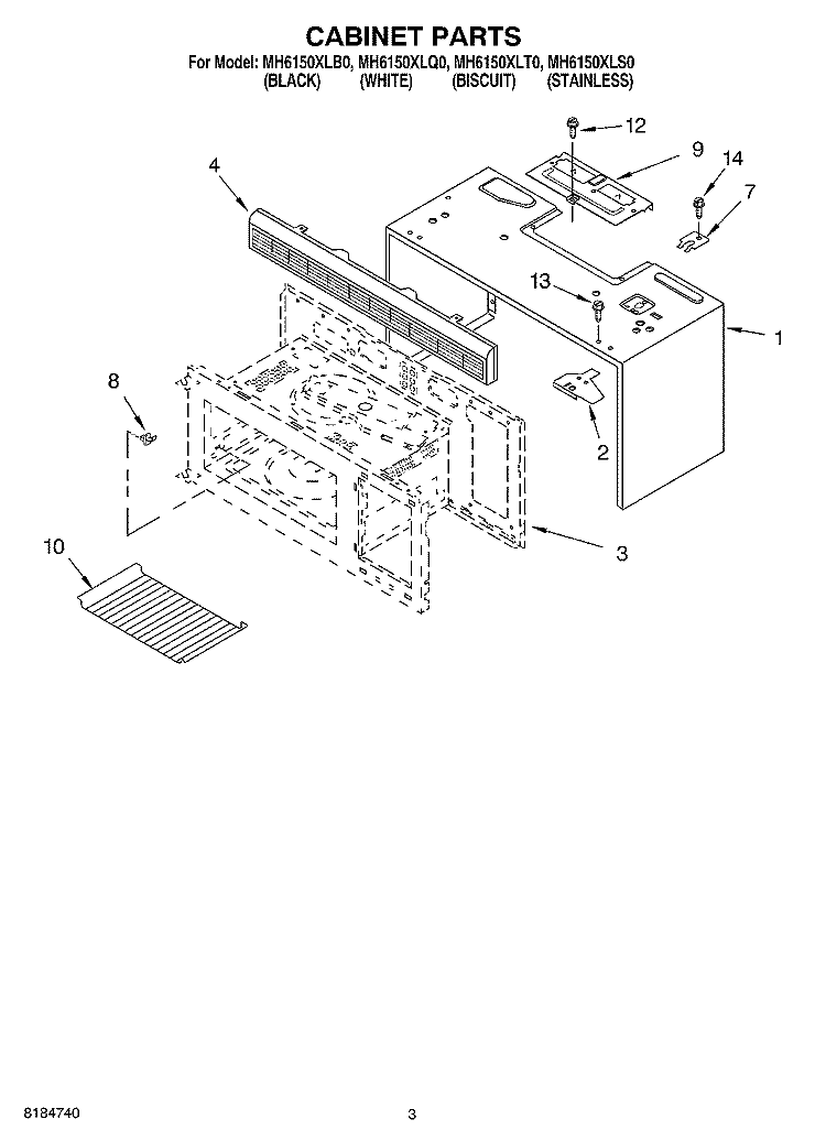 CABINET Diagram and Parts List for MH6150XLB0  Whirlpool Microwave