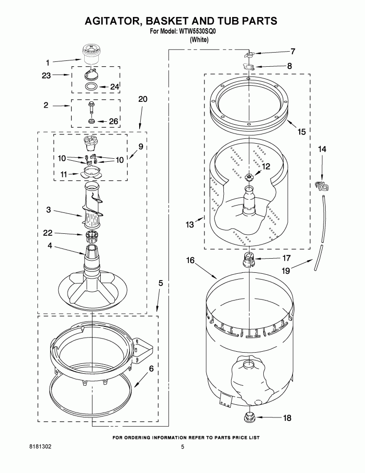 AGITATOR BASKET AND TUB PARTS Diagram and Parts List for WTW5530SQ0  Whirlpool Washer