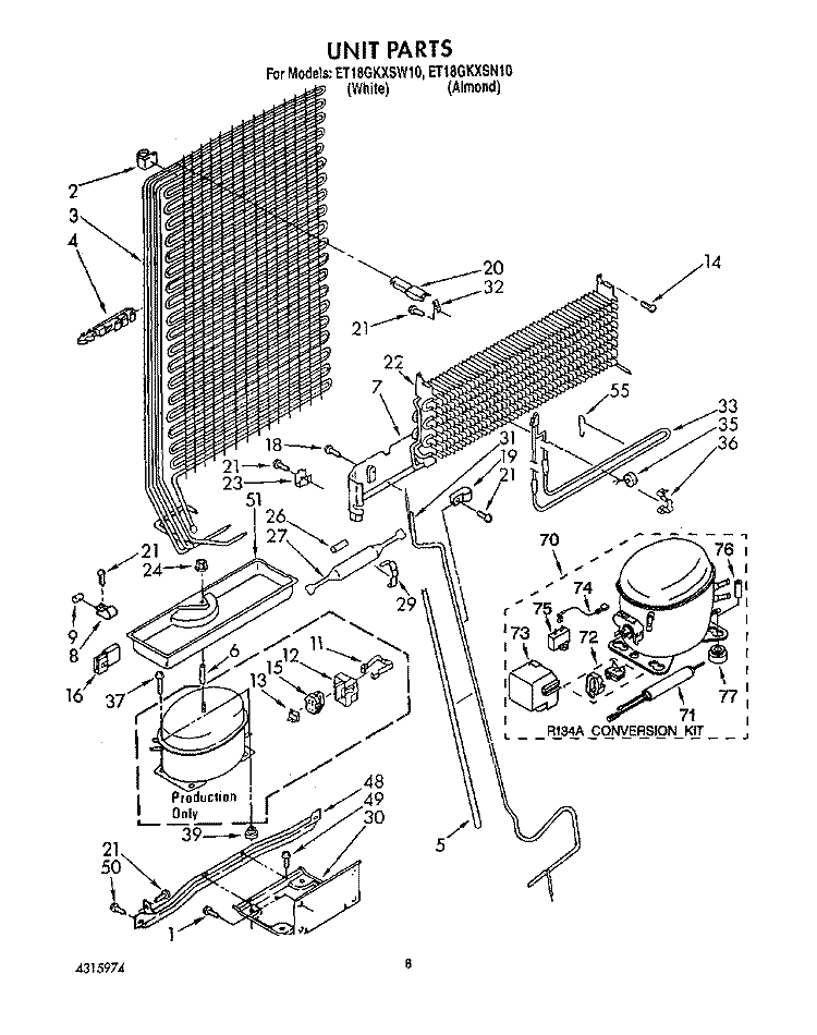 UNIT Diagram and Parts List for ET18GKXSW10  Whirlpool Refrigerator