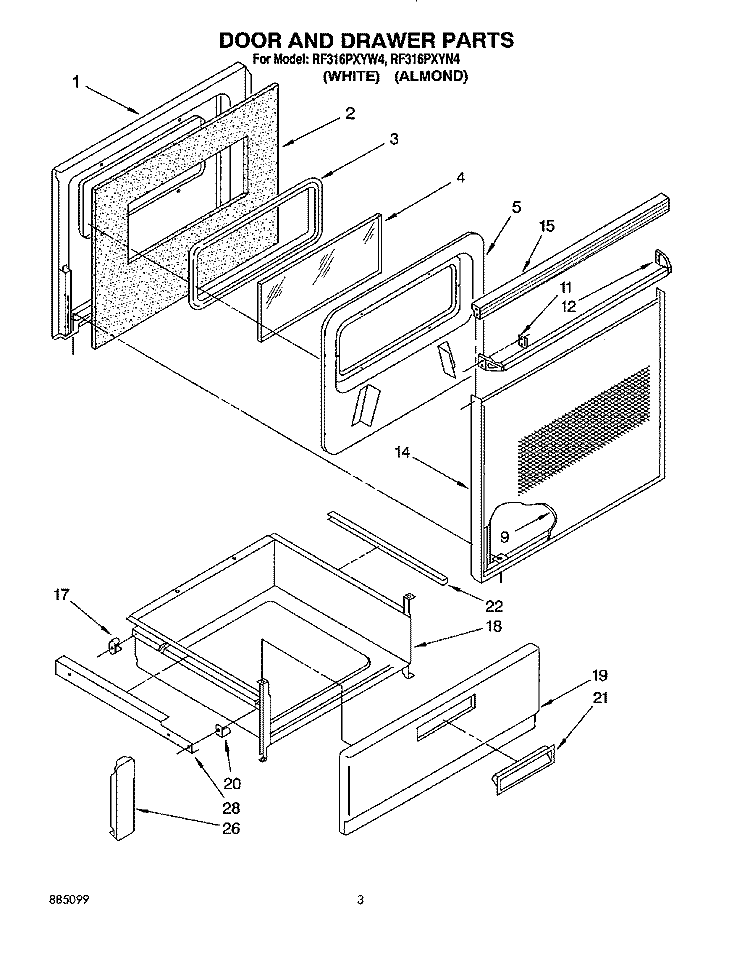 DOOR AND DRAWER Diagram and Parts List for RF316PXYN4  Whirlpool Range