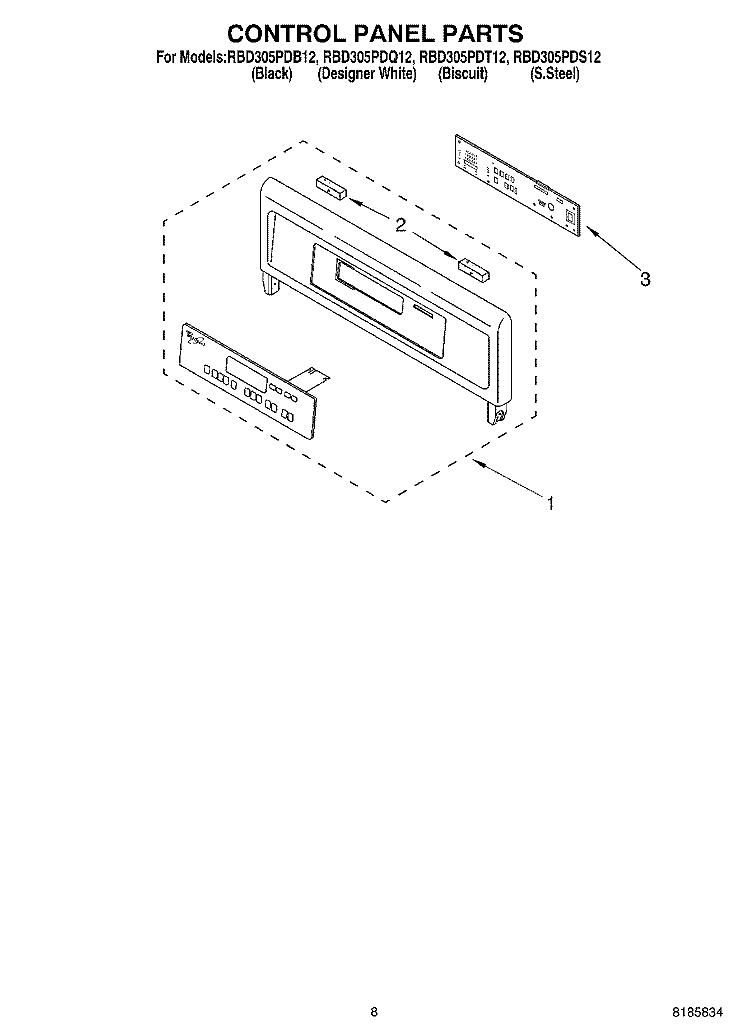 CONTROL PANEL Diagram and Parts List for RBD305PDB12  Whirlpool Wall Oven