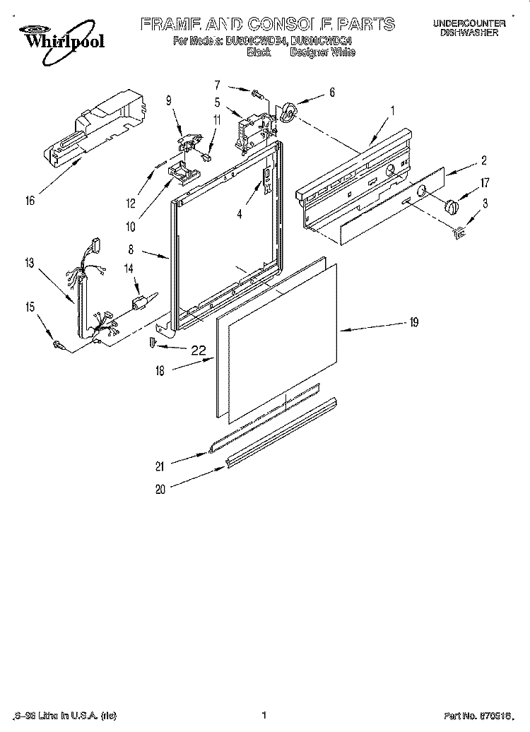 FRAME AND CONSOLE Diagram and Parts List for DU800CWDQ4  Whirlpool Dishwasher